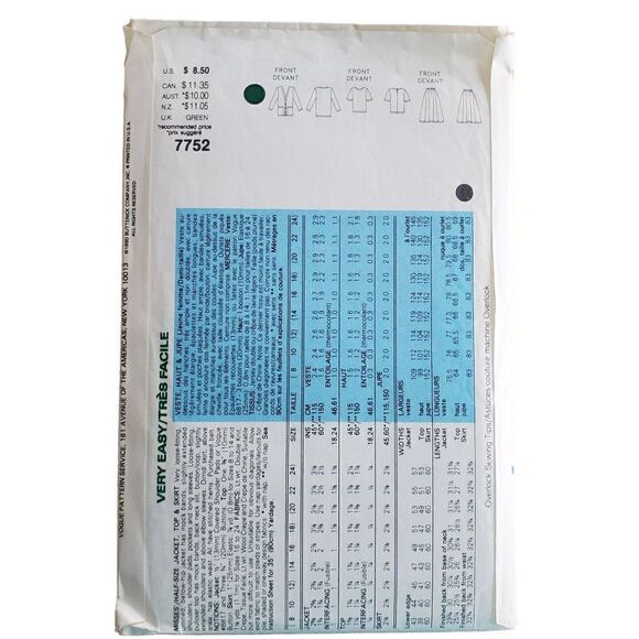 Vintage 90s Vogue Pattern 7752 Uncut Jacket Loose Tunic Dirndl Skirt 14 16 18 - Picture 3 of 4